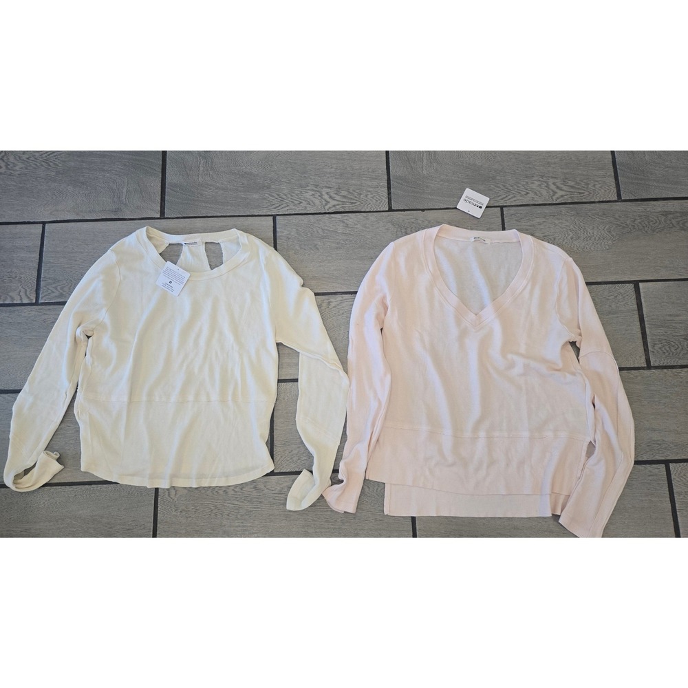 LAmade Women Thermal Knit Long Sleeve Top Set Cream Pink Cutout Back V-Neck S